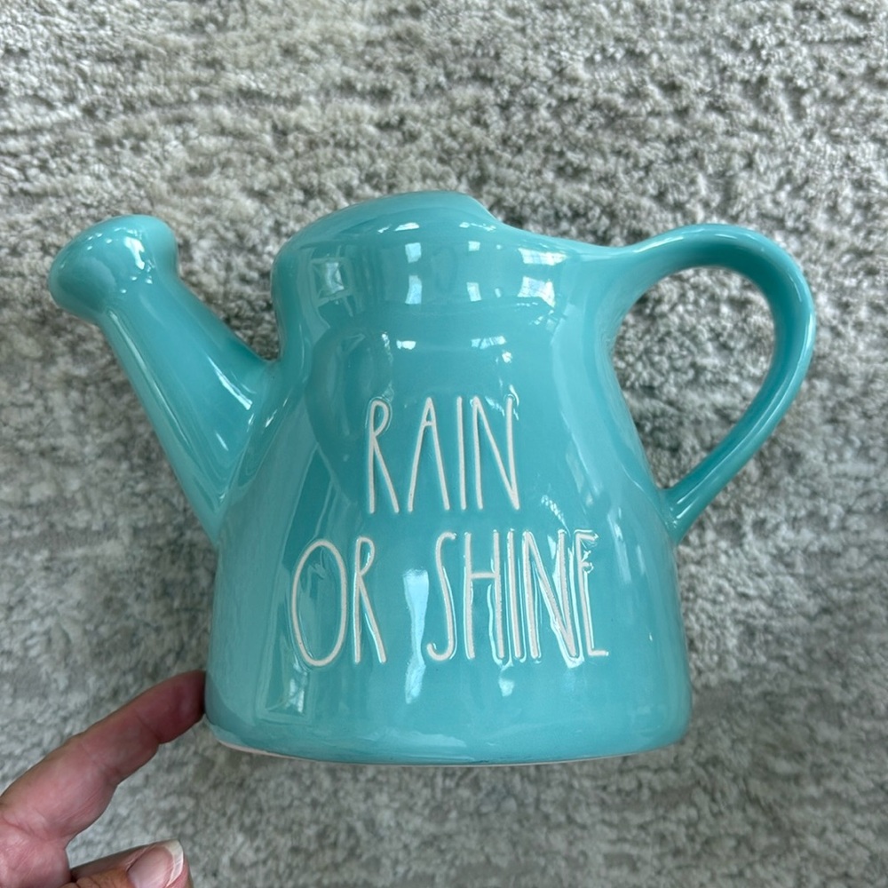 *LIKE NEW* Rae Dunn RAIN OR SHINE Teal Ceramic Watering Can